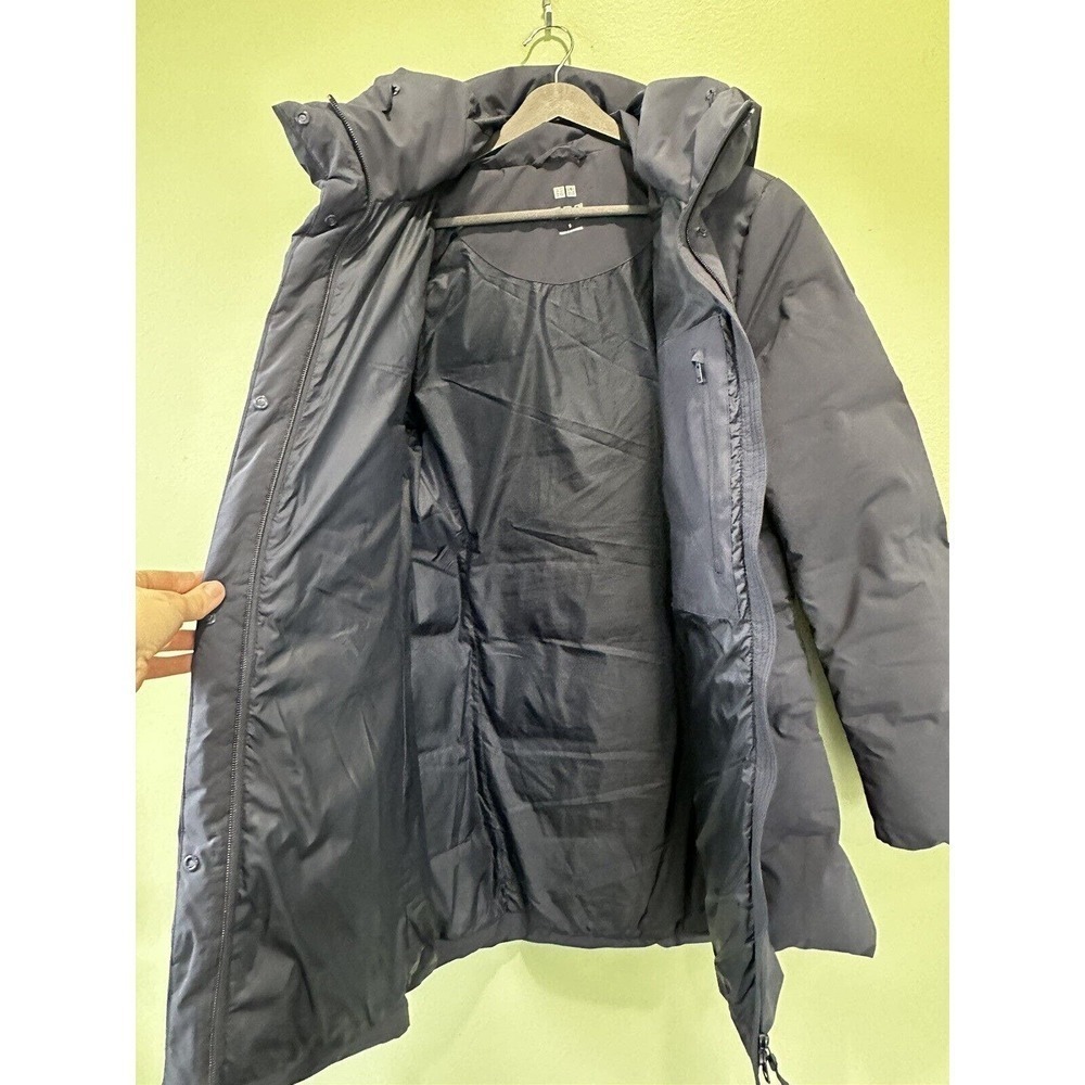 Uniqlo Women’s Down Puffer Coat Sz S Blue Goose Feather Mockneck Packable Hood‌‌ - Picture 4 of 7